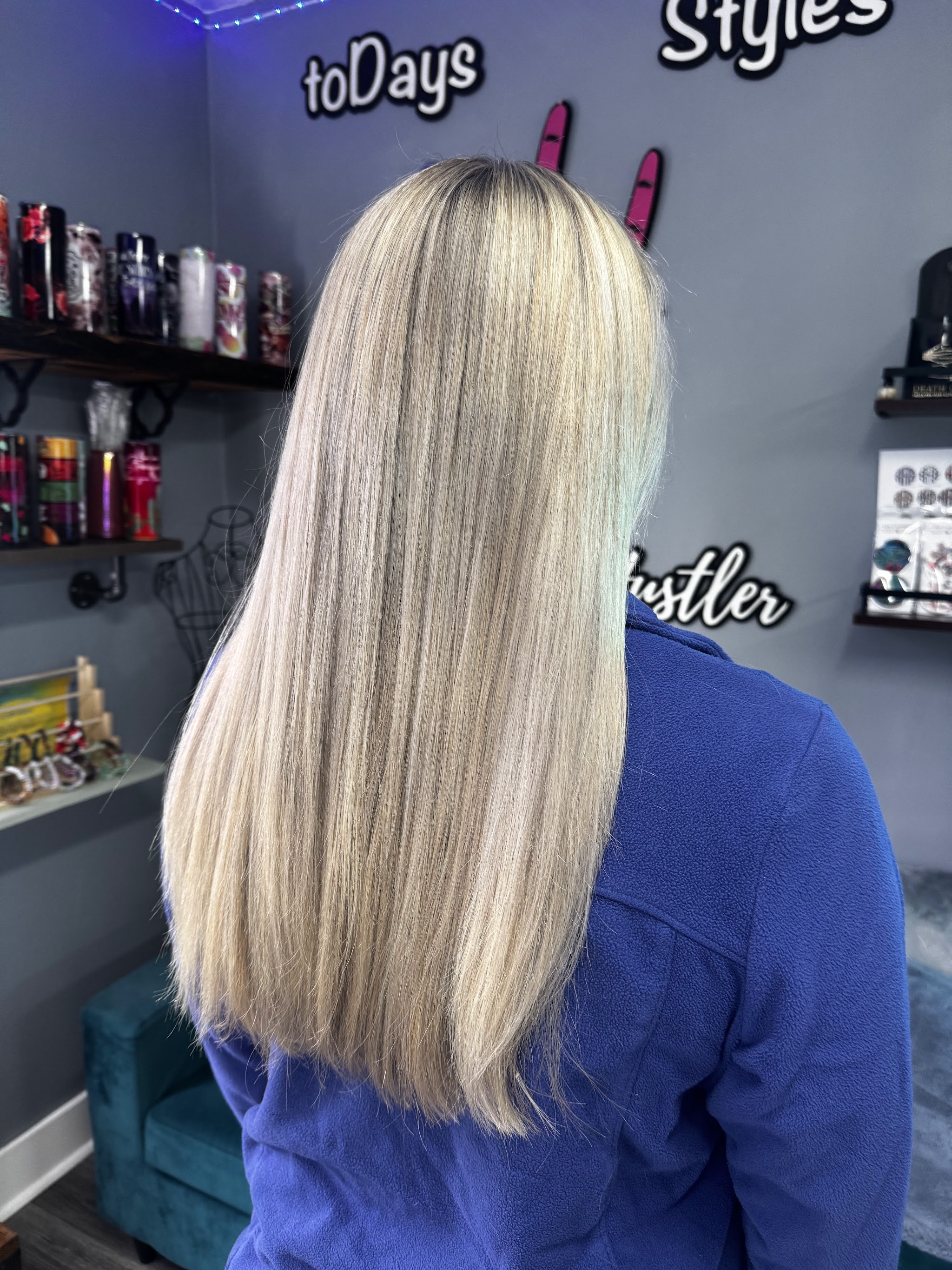 Long silver blonde hair, smooth and straight