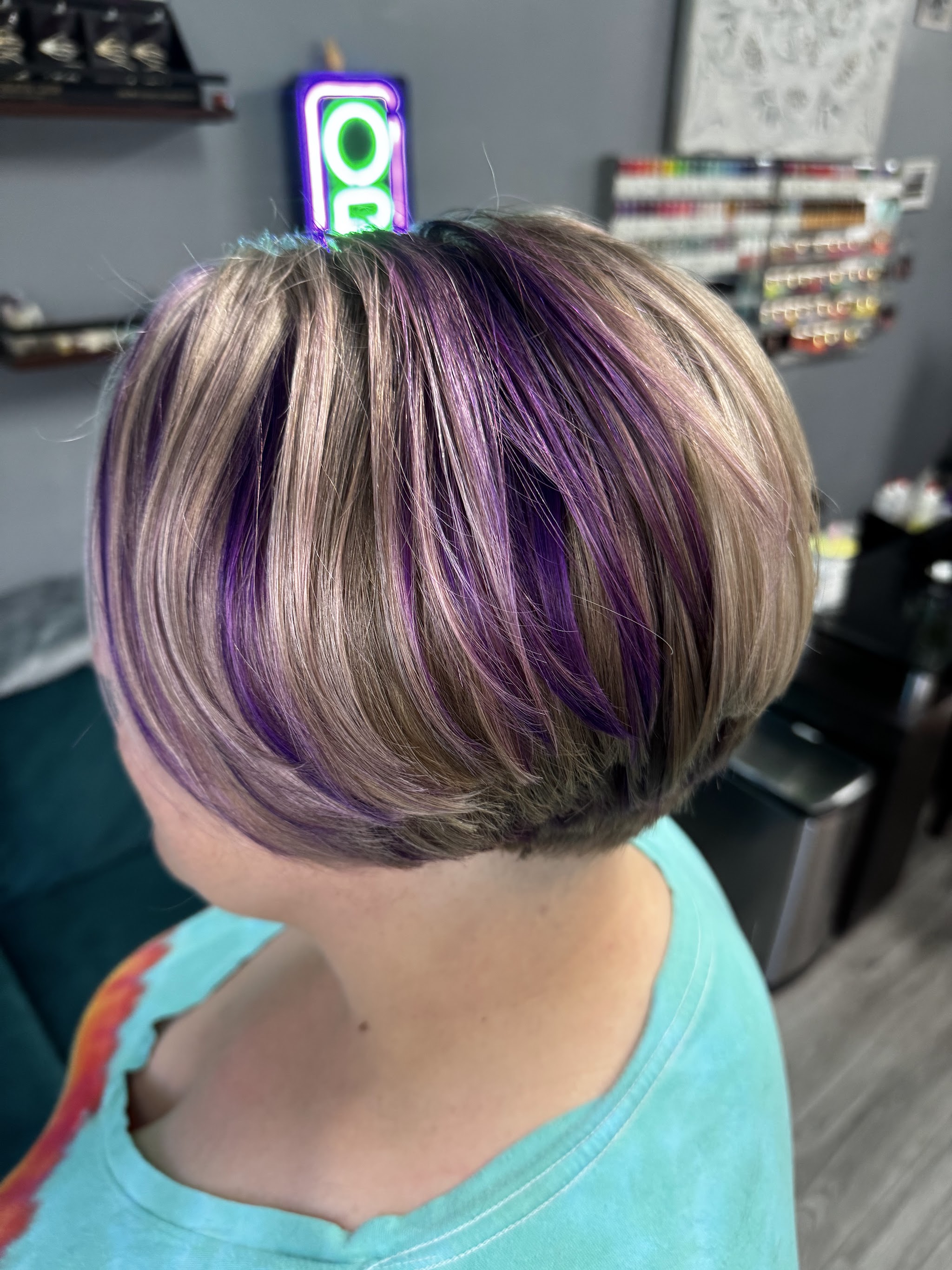 Short bob with purple and blonde highlights